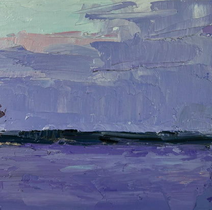 Oil painting Silent drift on the waves of a river by Boris Serdyuk in purple teal impasto