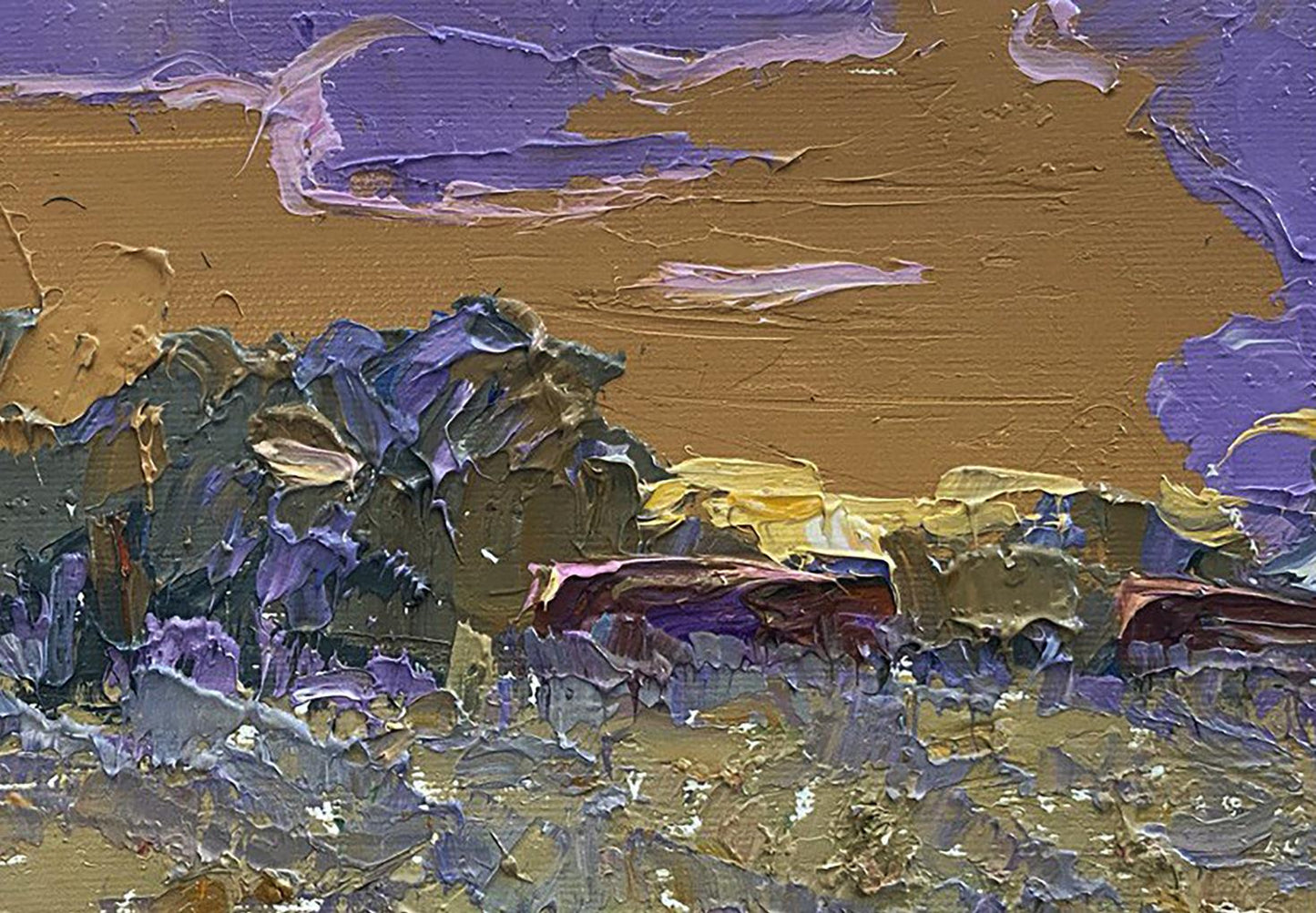 Oil painting In the steppes by Oleksiy Ivanyuk with purple gold impasto strokes