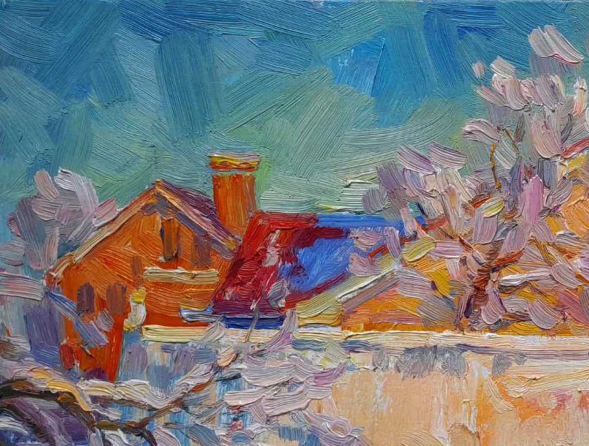 Oil painting Magic of Winter by Ivan Kovalenko: snowy village scene