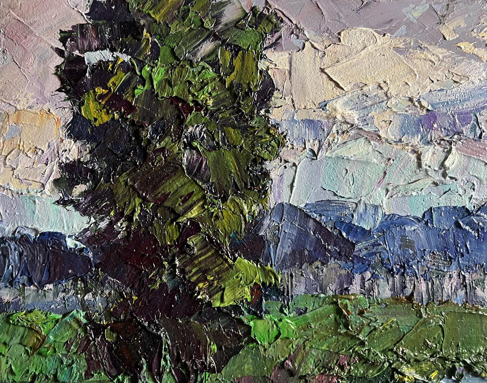 Oil painting Its getting dark by Boris Serdyuk lush green tree textured impressionist style