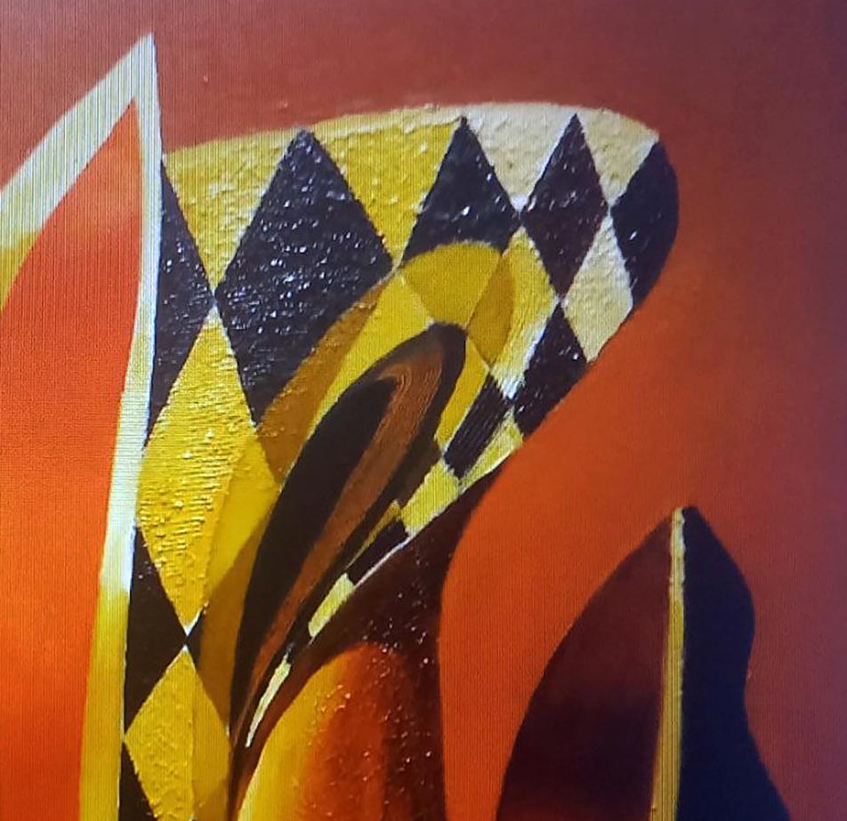 Oil painting Harlequin by Alexander Strashevich: vibrant yellow, black, orange geometric shapes