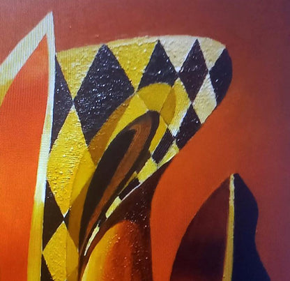 Oil painting Harlequin by Alexander Strashevich: vibrant yellow, black, orange geometric shapes