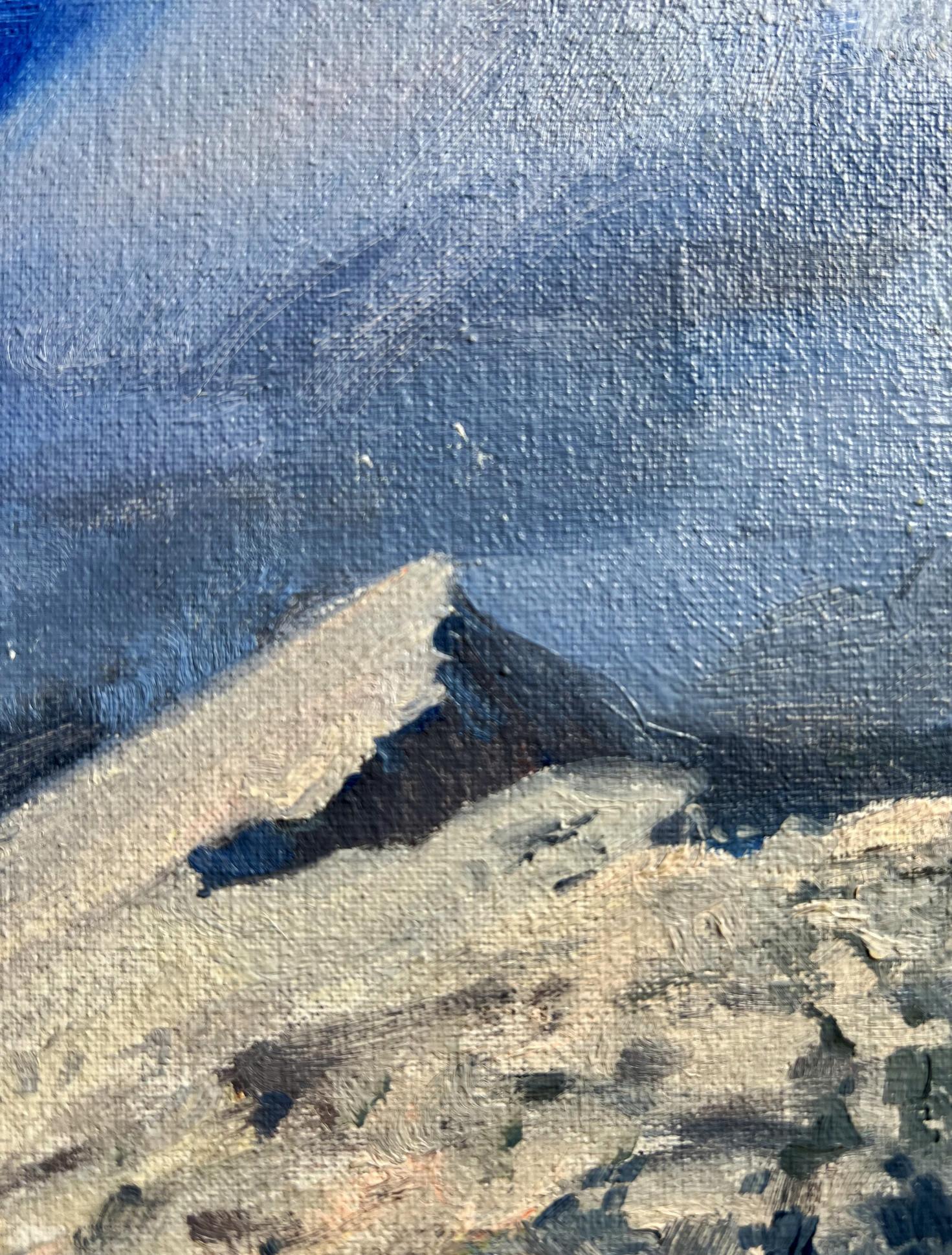 Oil painting of snowy mountain peak by Tatyana Derdey under moody blue sky