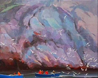 Oil painting Morning at sea by Anastasia Yaroshevich: blue boats, gulls, cliffs
