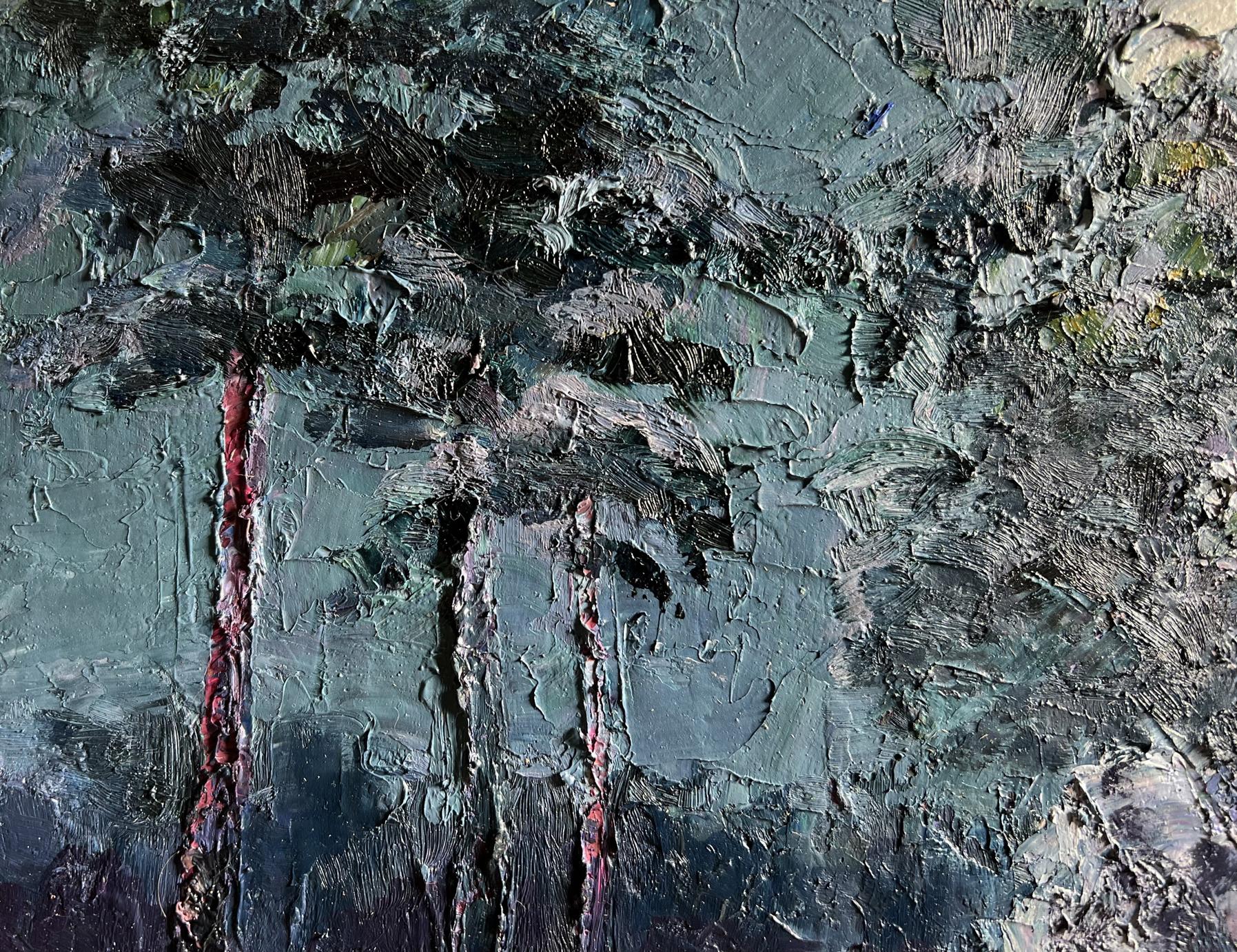 Oil painting Winter trail in forest by Boris Serdyuk with palm trees