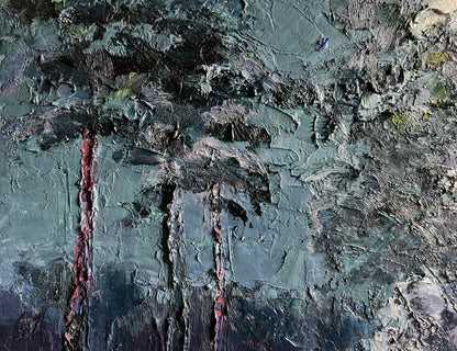 Oil painting Winter trail in forest by Boris Serdyuk with palm trees