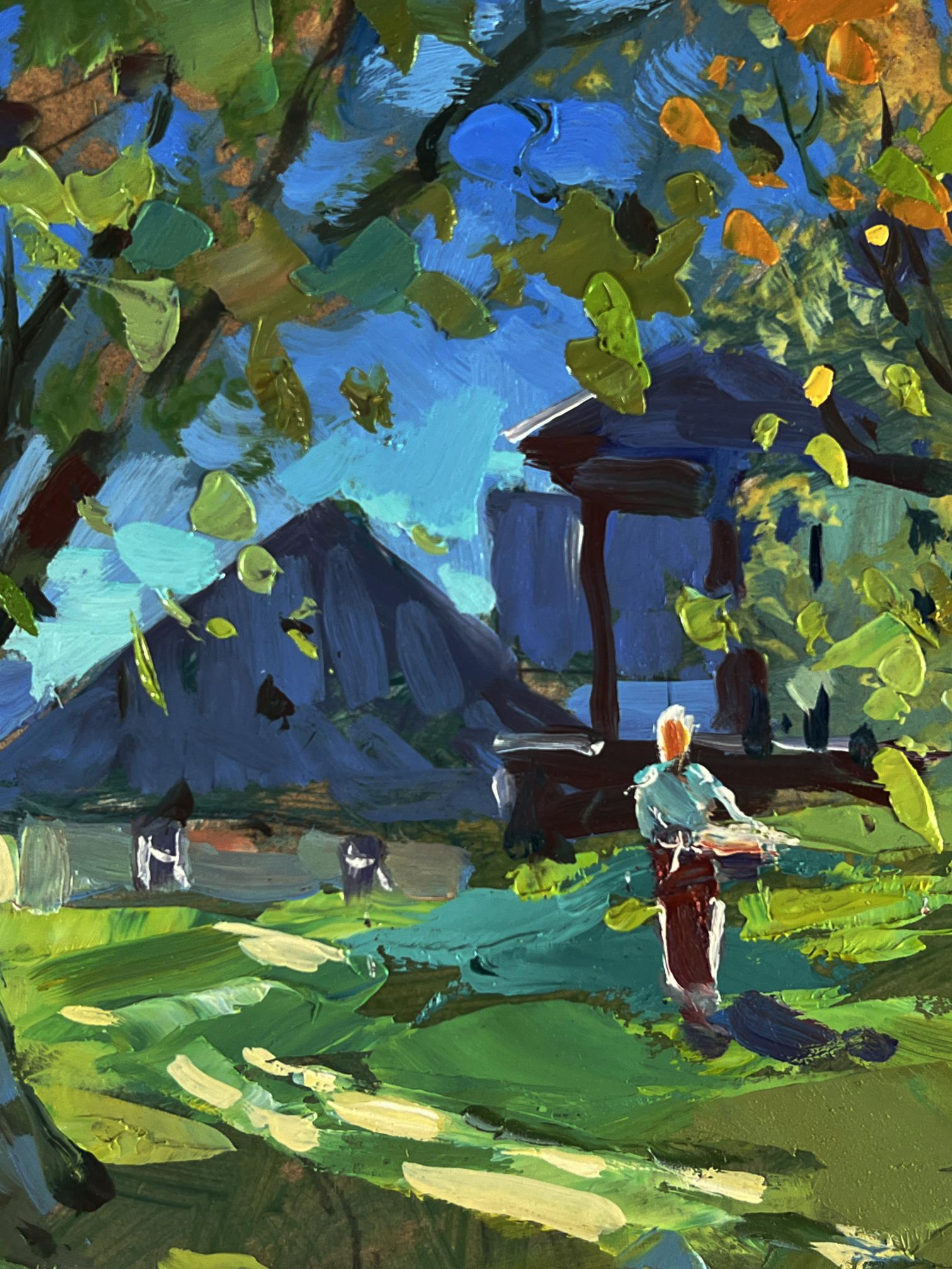 Oil painting Near the village houses by Yuriy Suprunchuk vibrant field scene