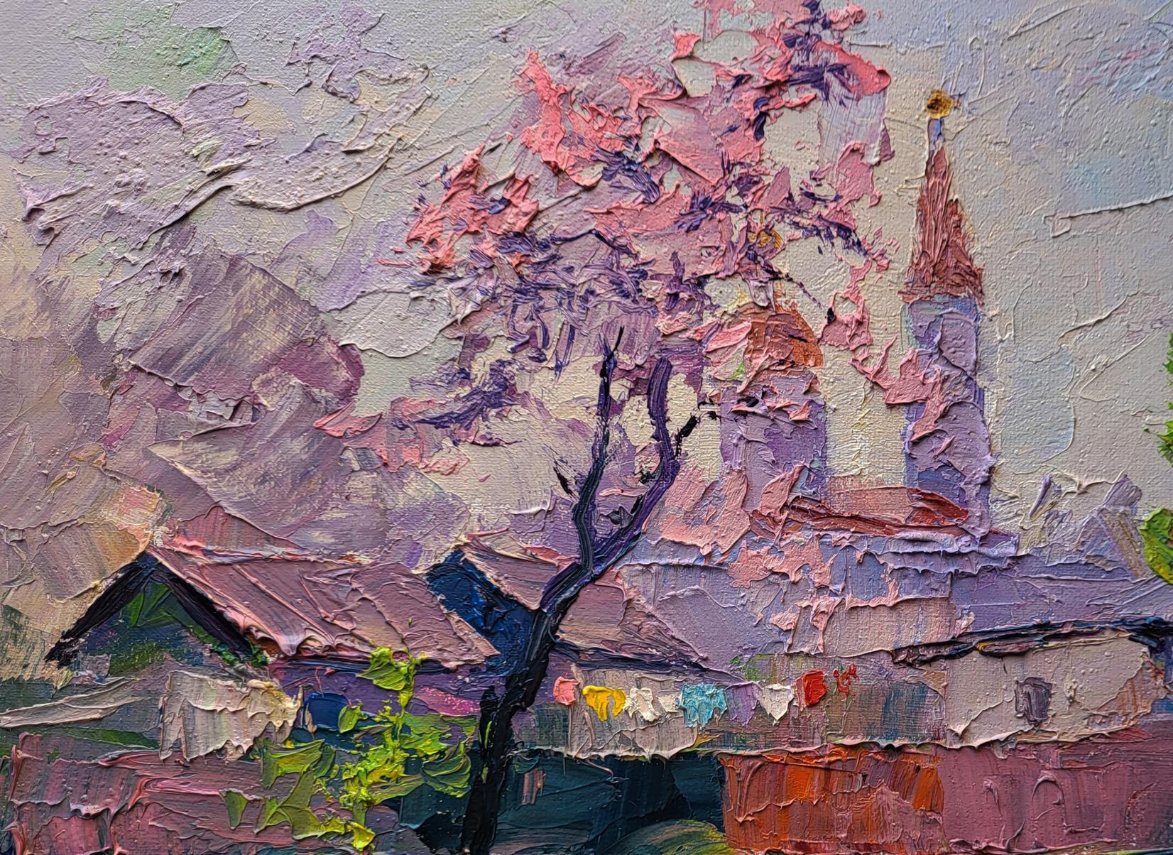 Oil painting Spring has come by Boris Serdyuk: blossoming tree in pink purple hues