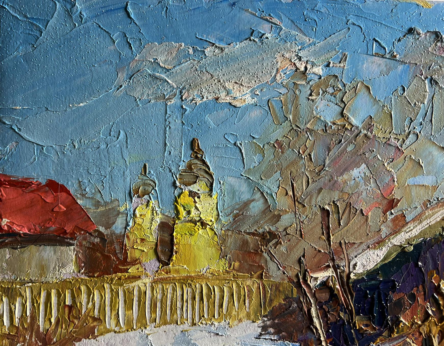 Oil painting It snowed in the city by Boris Serdyuk with blue sky and golden structures
