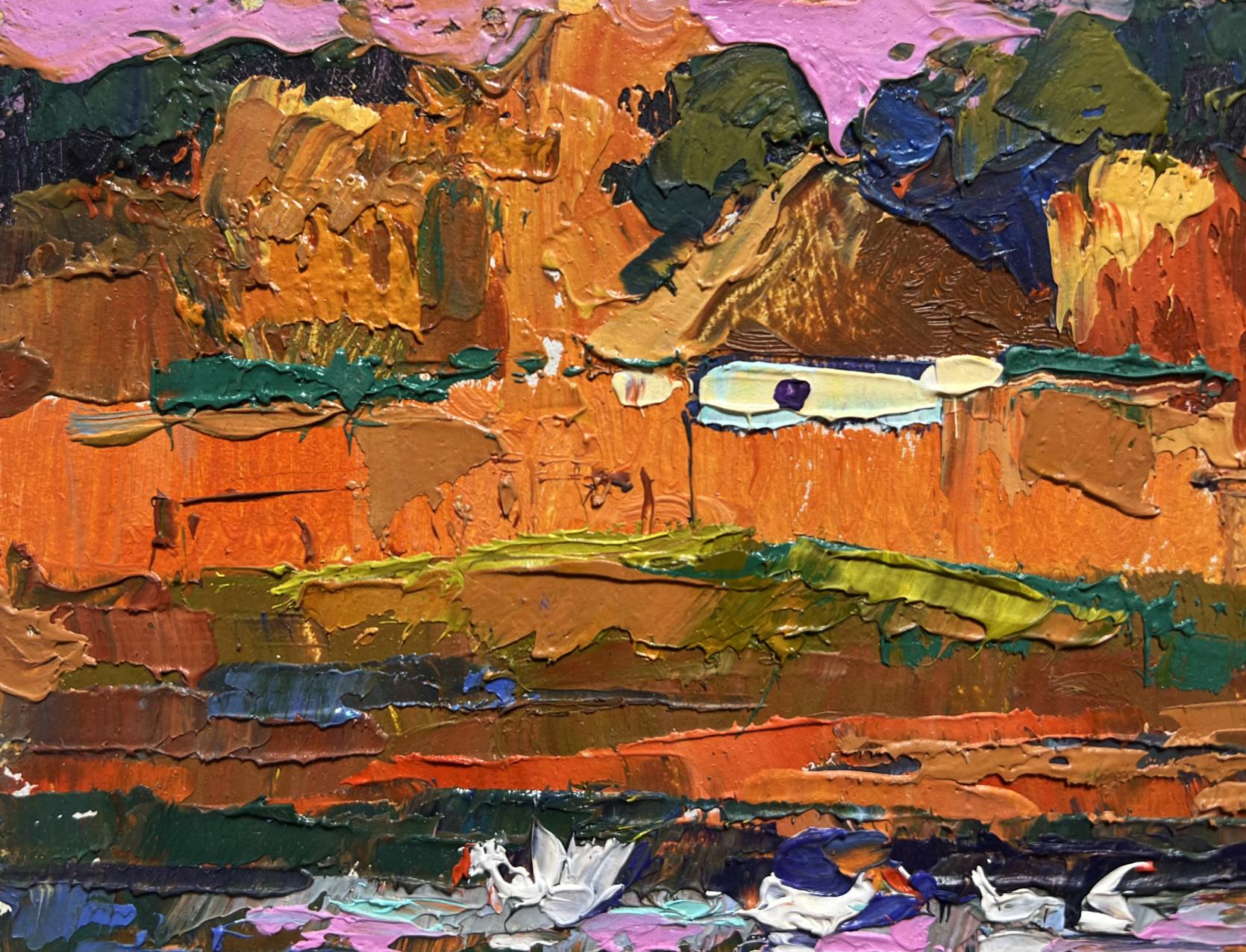Vibrant impressionist oil painting Evening by the lake by Oksana Ivanyuk with swans