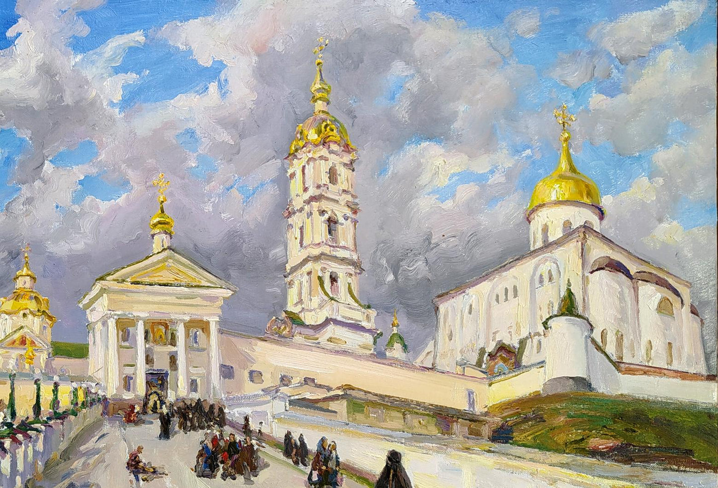 Oil painting of white stone Lavra monastery with golden domes by Leonid Pavlenko