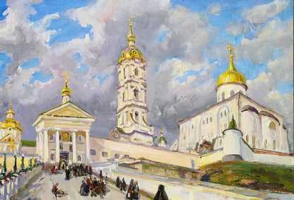 Oil painting of white stone Lavra monastery with golden domes by Leonid Pavlenko