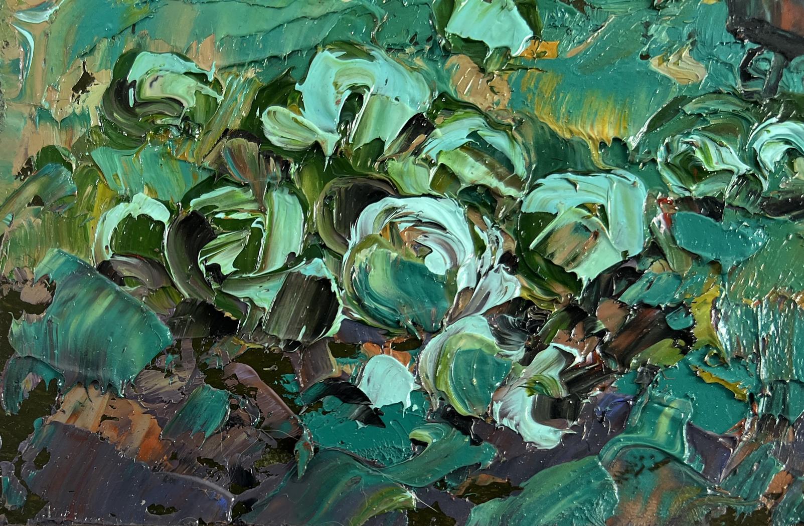Oil painting The city and the soul of the village by Oleksiy Ivanyuk with green impasto foliage