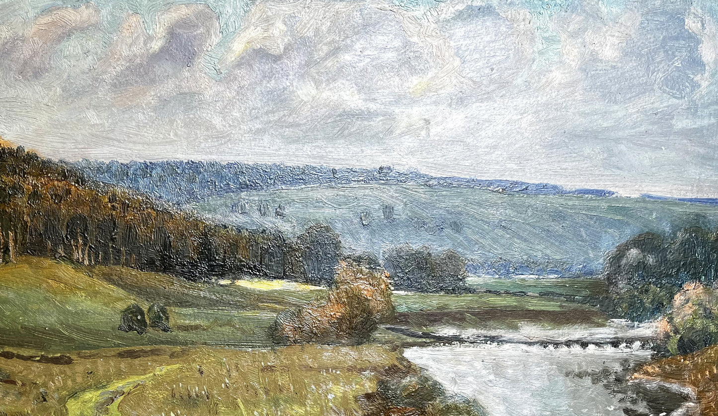 Oil painting Silence: serene hills, autumn trees, river under cloudy sky