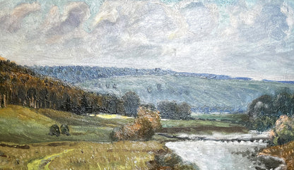 Oil painting Silence: serene hills, autumn trees, river under cloudy sky