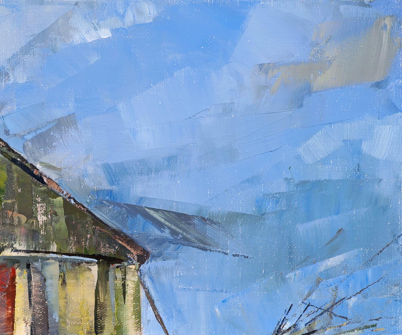 Abstract blue sky with textured brushstrokes over painted roofline by Volodymyr Gluhomanyuk