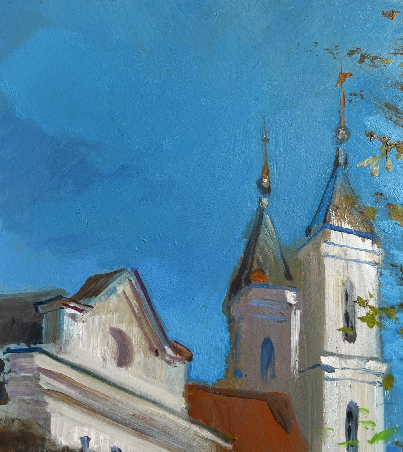 Oil painting Autumn City Symphony Yuriy Suprunchuk white stone church towers blue spires golden crosses blue sky