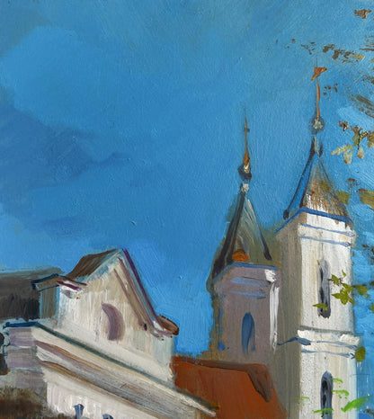 Oil painting Autumn City Symphony Yuriy Suprunchuk white stone church towers blue spires golden crosses blue sky