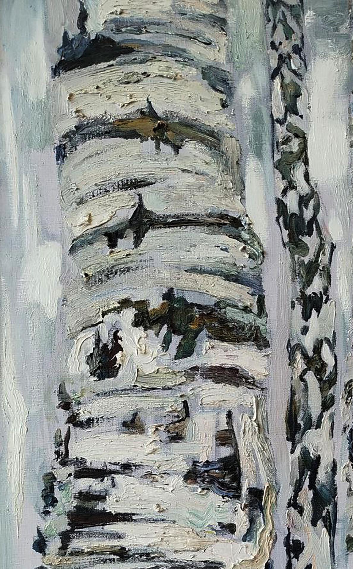 Oil painting of textured white birch trunk by Leonid Pavlenko