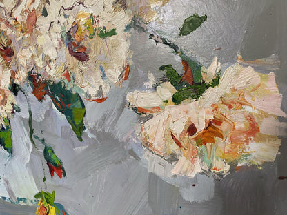 Oil painting Autumn dahlias by Oksana Ivanyuk with peach flowers