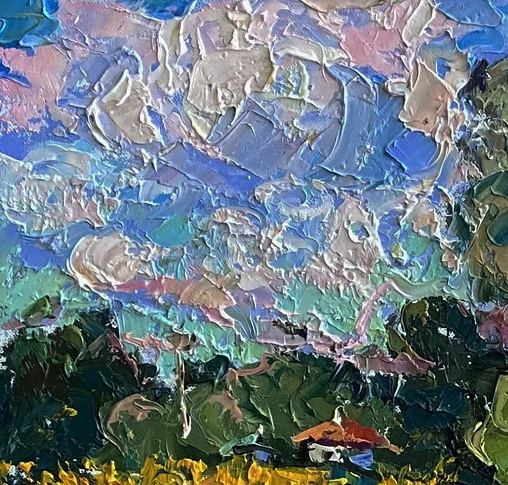 Oil painting Field of sunflowers by Oleksiy Ivanyuk with red-roofed house