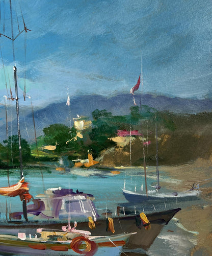 Vibrant oil painting of boats and lighthouse by Yuriy Suprunchuk