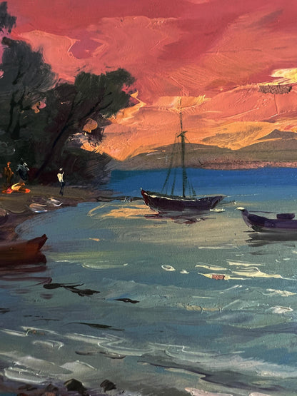 Oil painting of dark-hulled sailboat at sunset by Yuriy Suprunchuk