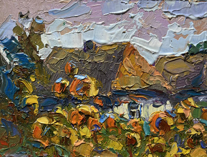 Oil painting of cozy village life by Oksana Ivanyuk in earthy impasto tones