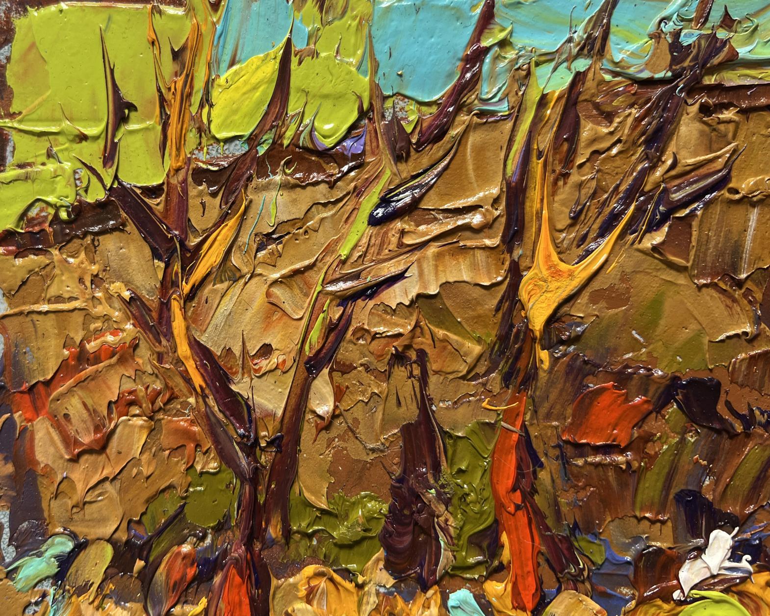 Oil painting Near the old hill by Oleksiy Ivanyuk textured tree trunks