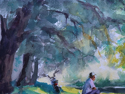 Watercolor painting of person under shady trees by Boris Serdyuk, Shore of Peace