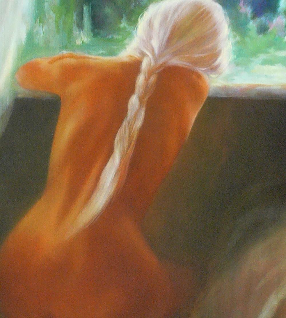 Oil painting portrait of female figure with long white braided hair in orange dress by Vasily Korkishko