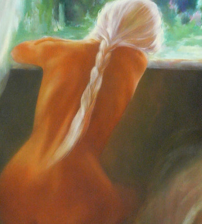 Oil painting portrait of female figure with long white braided hair in orange dress by Vasily Korkishko