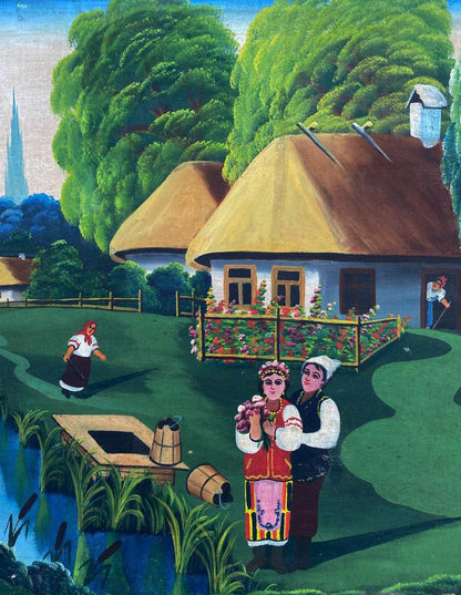 Vibrant folk art oil painting of rustic village holiday party scene