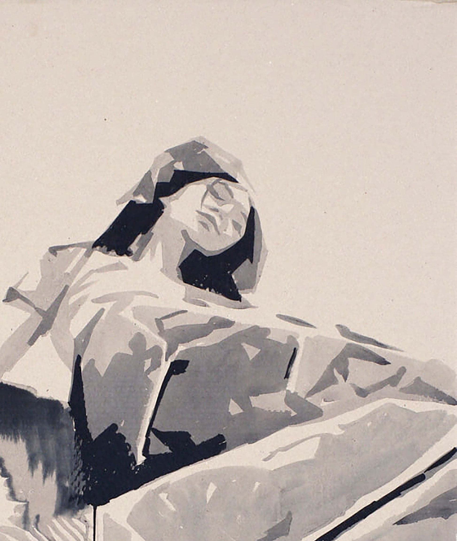 Stylized ink painting of hooded woman reclining, Roof by Dima Filatov