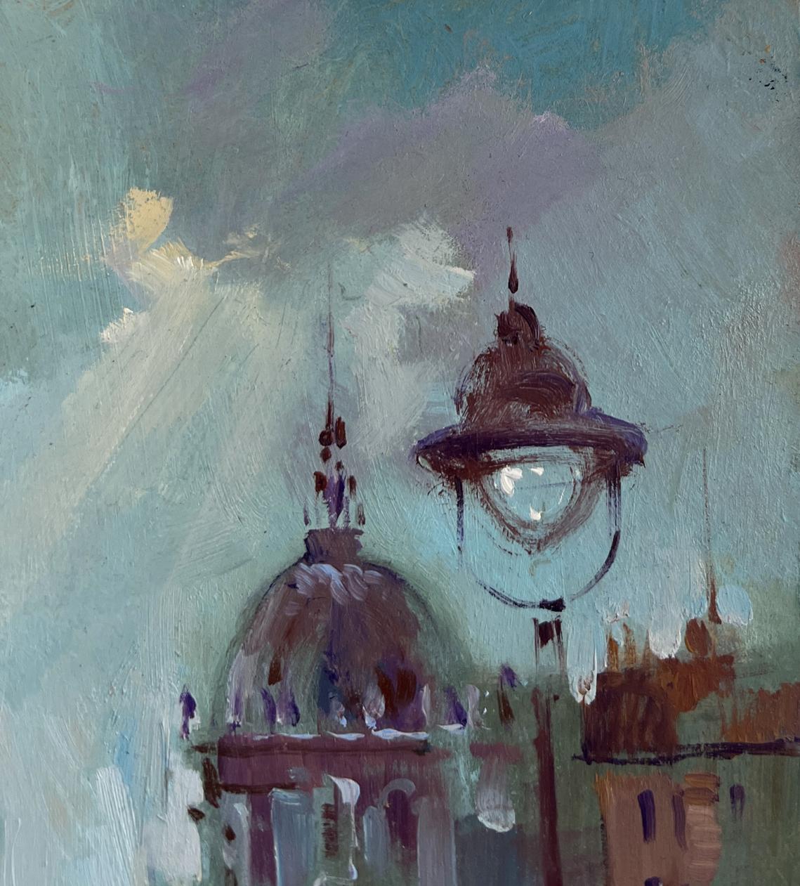 Vintage street lamp in Yuriy Suprunchuk city life oil painting