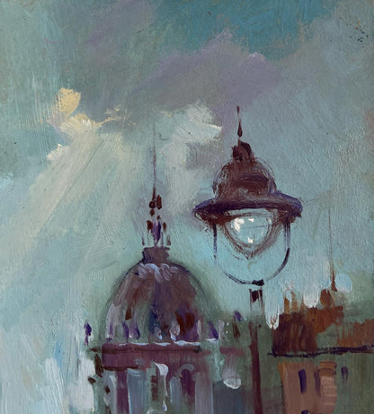 Vintage street lamp in Yuriy Suprunchuk city life oil painting