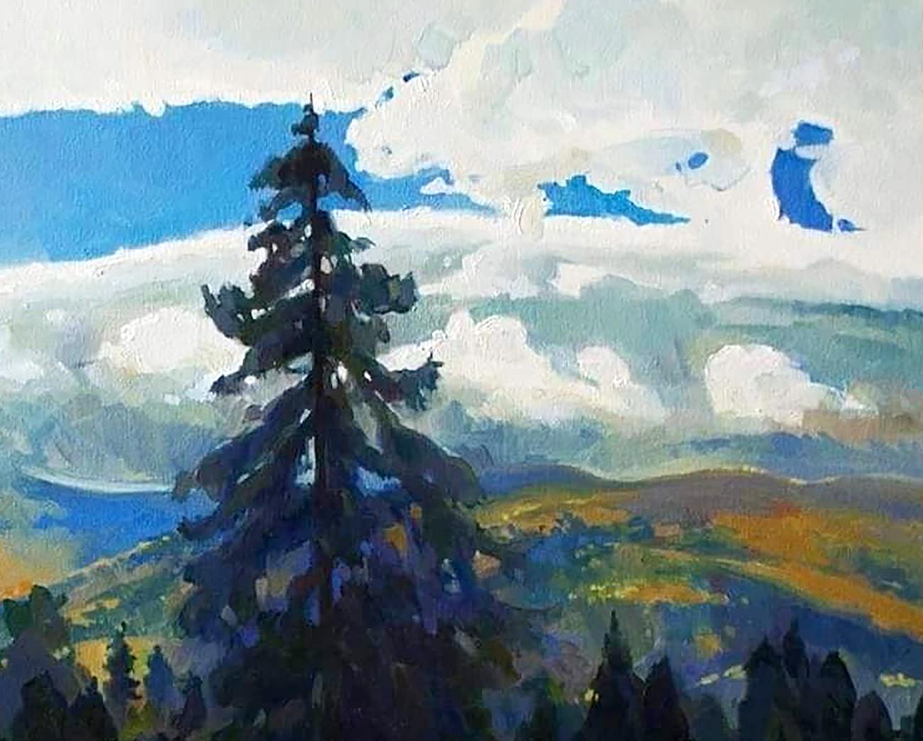 Oil painting September in the mountains by Anastasia Yaroshevich: tall pine tree on hills