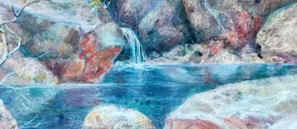 Serene watercolor waterfall into pool by lake in mountains, Vitaly Duhnevich oil painting