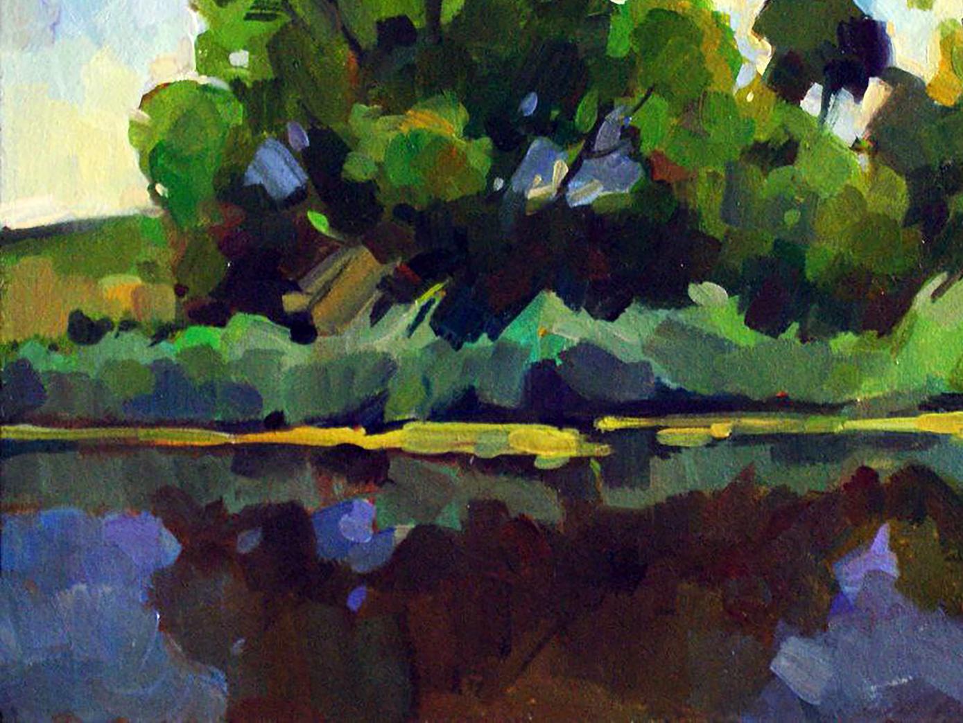 Vibrant impressionist oil painting of lush green tree reflected in river by Anastasia Yaroshevich