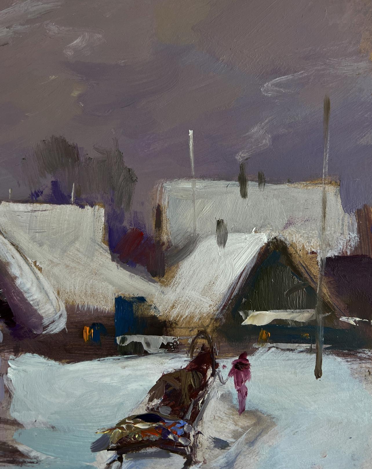 Impressionistic oil painting of busy snow-covered winter village street by Yuriy Suprunchuk