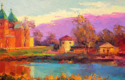 Vibrant impressionist oil painting Evening near the church by Boris Serdyuk