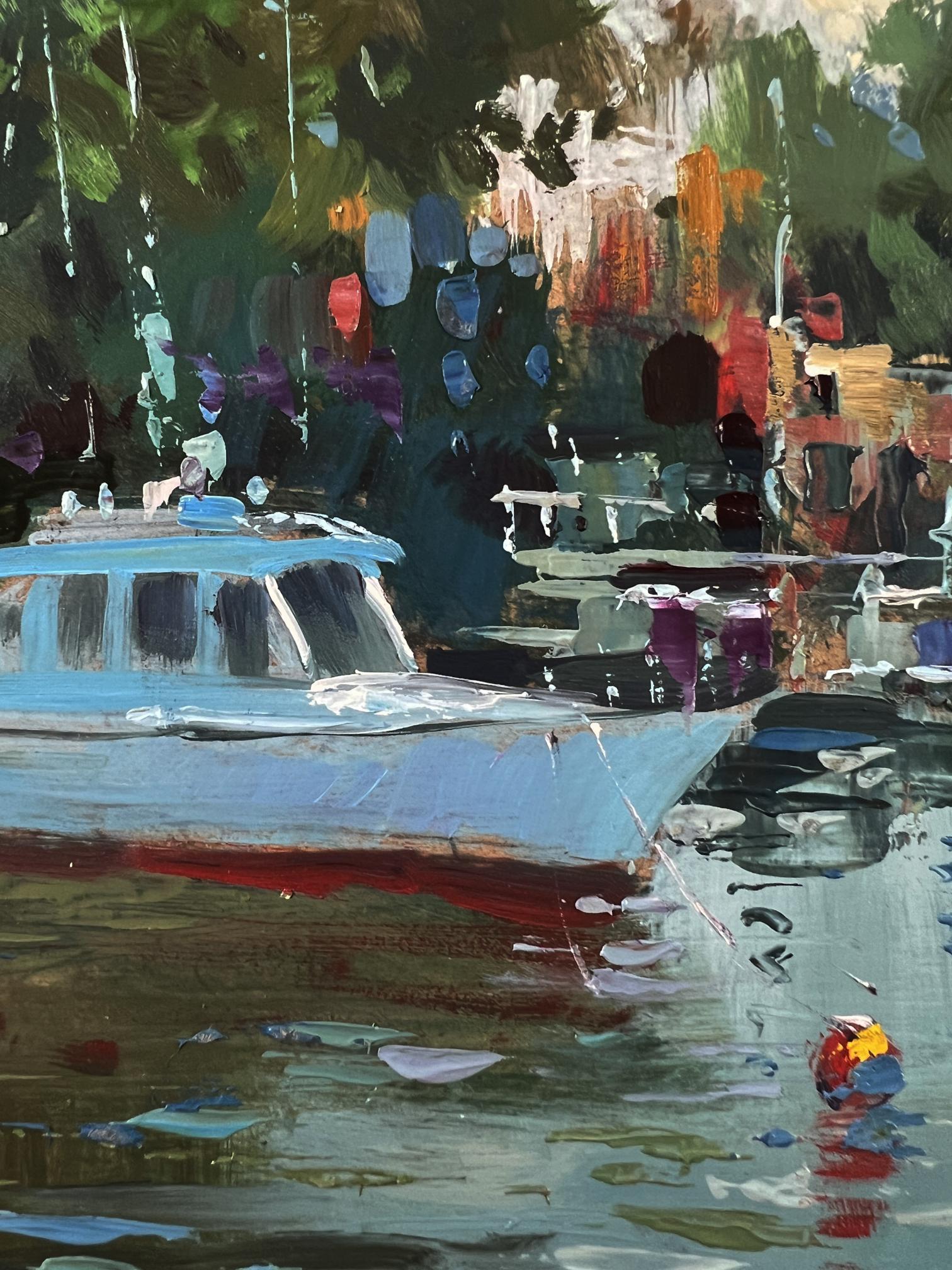 Oil painting of light blue red boat with white roof by Yuriy Suprunchuk