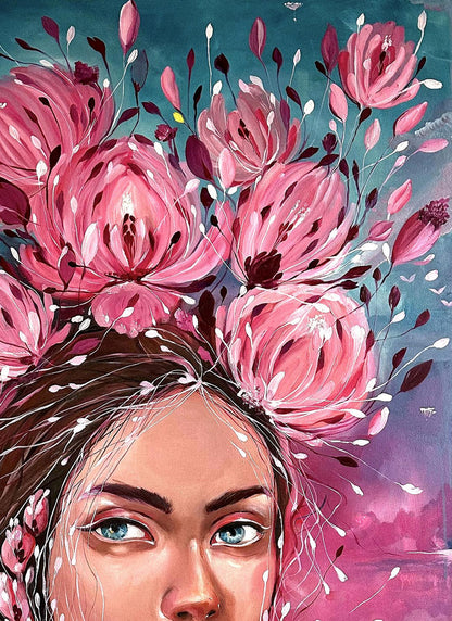 Oil painting Pions by Victoria Kagalovska: woman with blue eyes, dark hair, pink floral crown