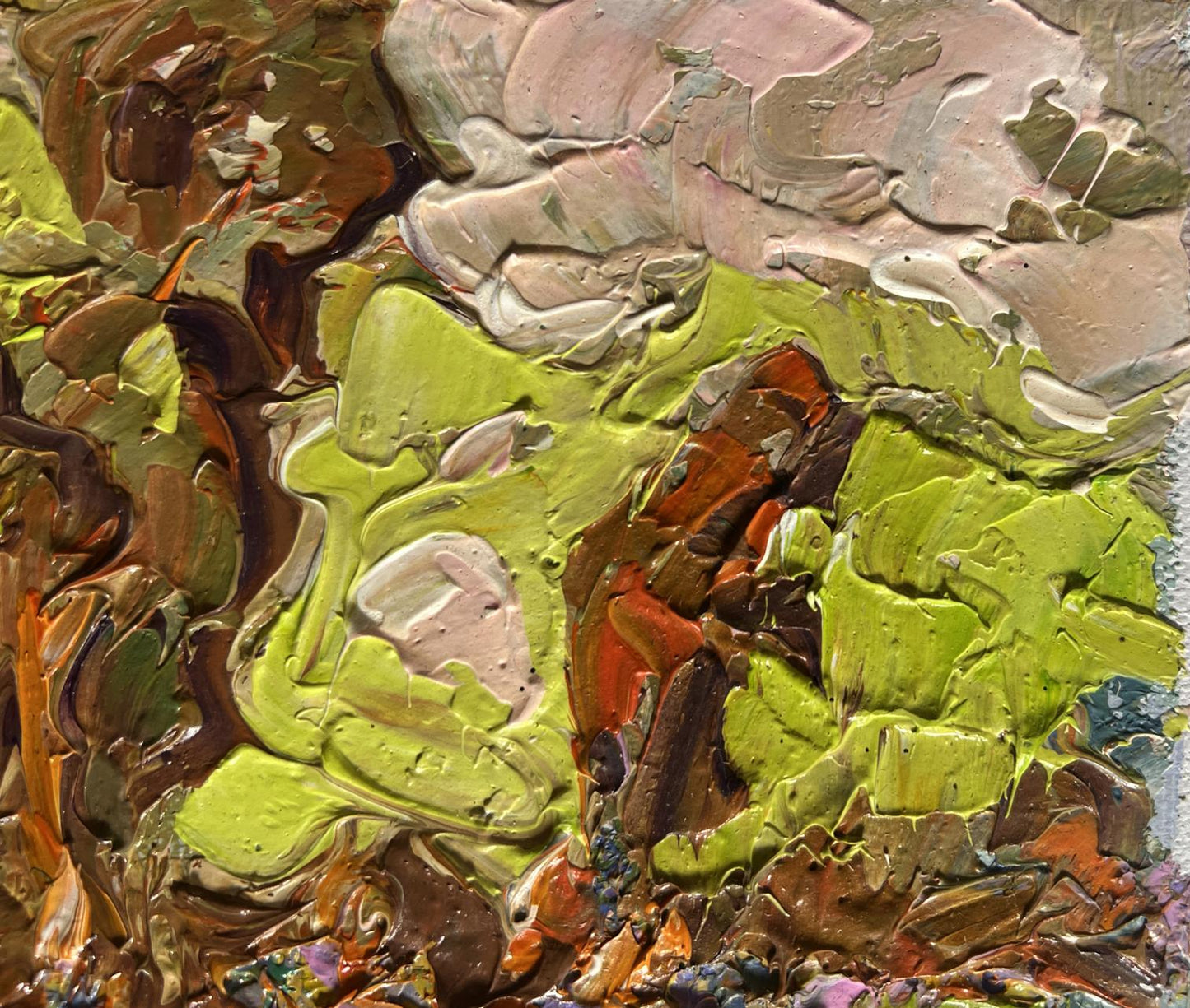 Vibrant impasto oil painting of lush meadows behind village by Oleksiy Ivanyuk