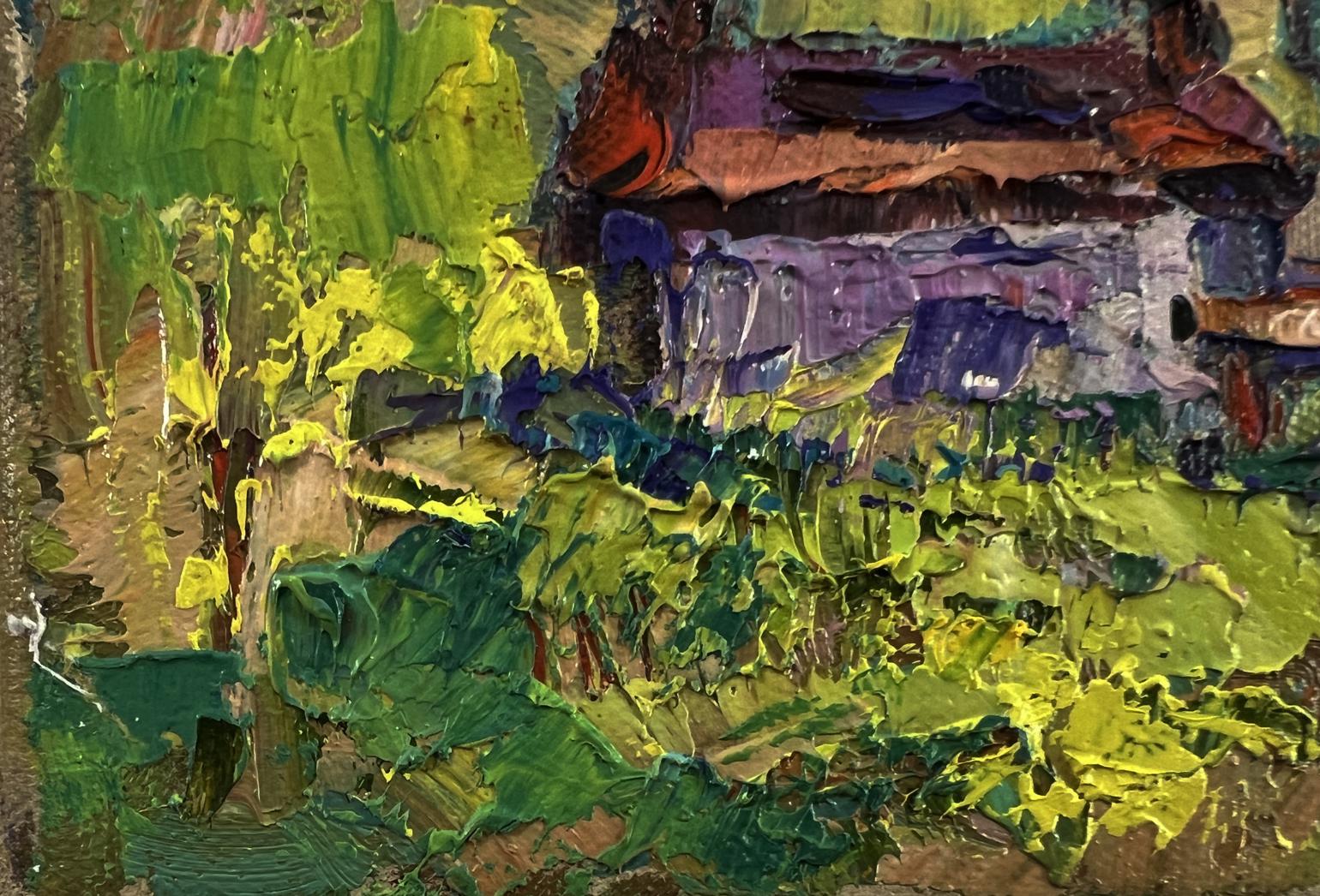 Oil painting of rustic village house in lush foliage by Oksana Ivanyuk