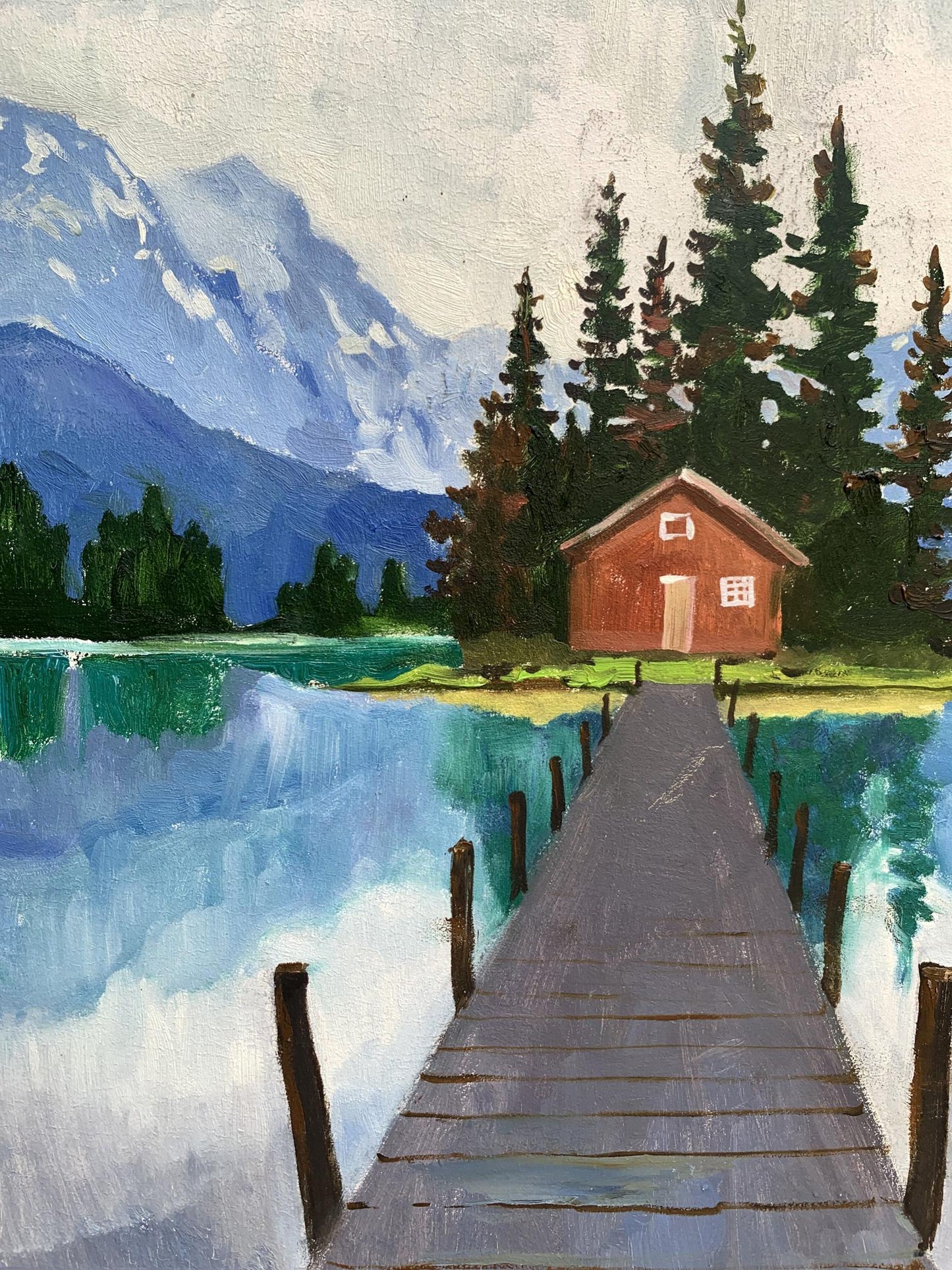 Oil painting of rustic red hut on serene lake by Tatyana Derdey