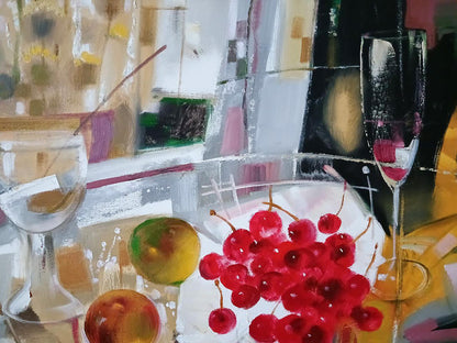 Abstract oil painting of cherries in white bowl by Anatoly Tarabanov
