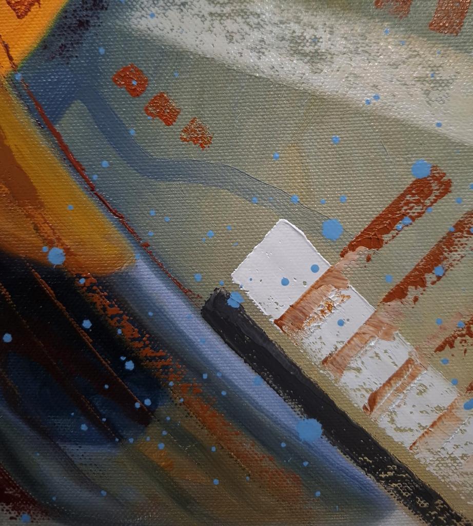 Oil painting The bird is singing by Sergiy Voichenko with orange blue white strokes