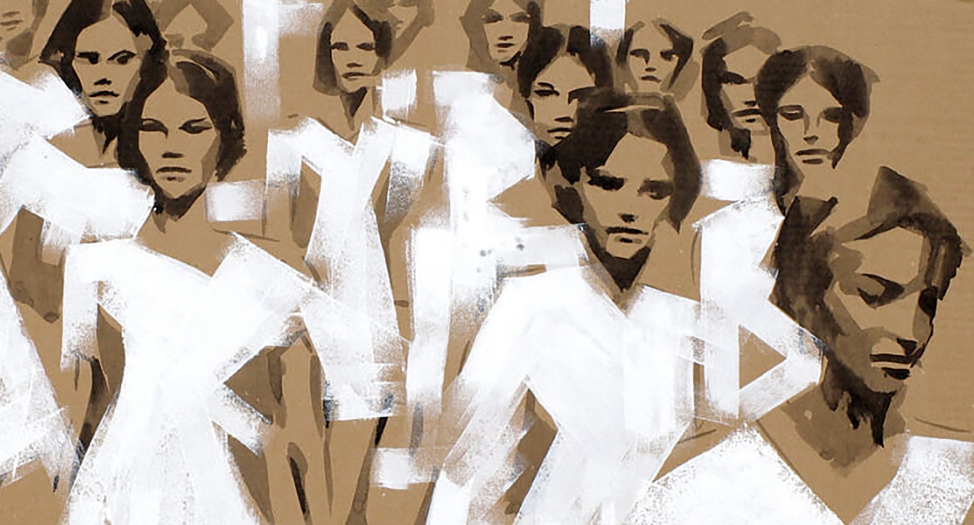 Stylized acrylic painting Divergence by Dima Filatov: women in white dresses