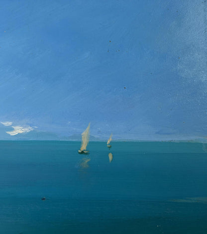 Serene oil painting of sailboats on turquoise sea by Yuriy Suprunchuk
